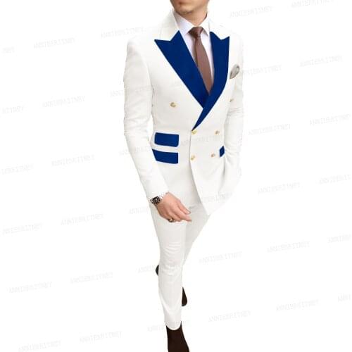 Golden Buttons Men White Suit for Wedding Groom Tuxedo Custom Double Breasted Blue Velvet Lapel Jacket with Pants 2 Piece Set
