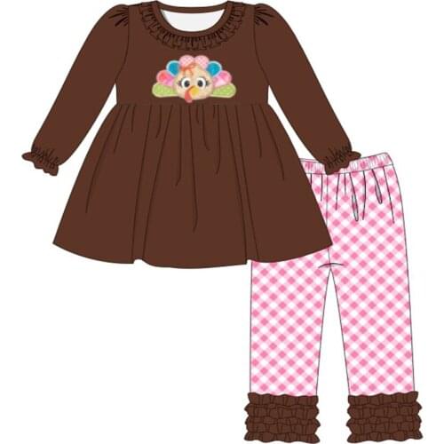 Beautiful Pure Cotton Baby Girl Suit Brown Long-Sleeved Top With Turkey Embroidery And Pink Plaid Trousers Children Clothing