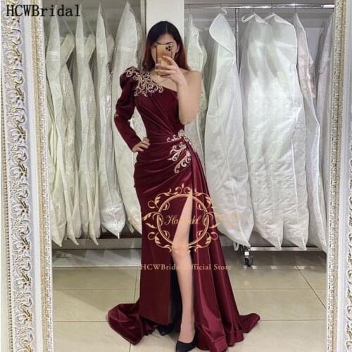 2021 New Burgundy Long Sleeve Evening Dress Gold Beads One Shoulder Side Slit Charming Arabic Women Formal Gowns For Party