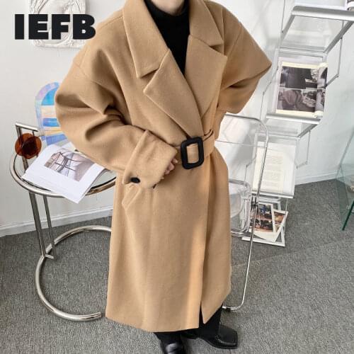 IEFB Mens New Button Decorative Belt Bandage Waist Woolen Coat Oversize Mid Length Clothes Thick Males Coats Long Sleeve Y4926
