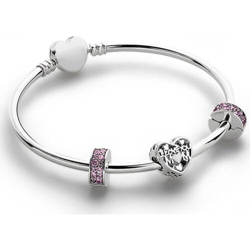 NEW 100% 925 Sterling Silver I LOVE YOU MOM Charm PINK SHINING ELEGANCE SPACER CLIP MOMENTS Heart Bracelet Set Mothers Day