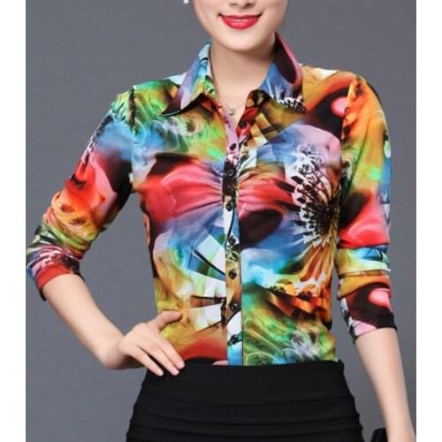 Autumn Spring Fashion Office Lady Women Printed Pattern Slim Mesh Long Sleeve Blouse Shirt , Casual Woman Painted XXXL Blouses