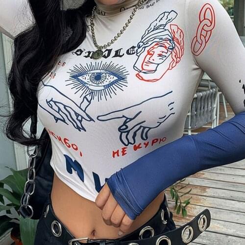 Autumn Long Sleeve Crop Tops Womens Personality Print Half Turtleneck Printed Cool Girl Pattern Neck Exposed Navel T-shirts New