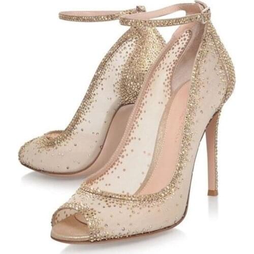 Extremely Stunning Pumps Crystal Decor Bling Bling Wedding Shoes High Heel Rhinestone Woman Dress Party Shoes Gold Mesh