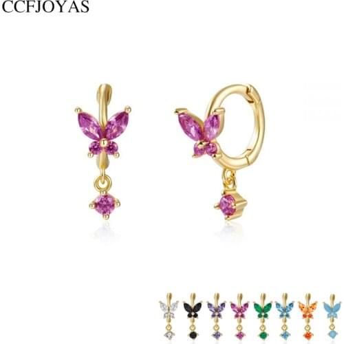 CCFJOYAS 925 Sterling Silver Gold Colorful CZ Butterfly Drop Earring Women Fine Jewelry Piercing Clips Jewels Round Hoop Earring