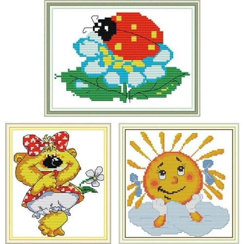 Ladybug Patterns Counted Cross Stitch Kits 14CT 11CT Printed Fabric Little Bear Sister Handmade Embroidery Needlework Kit Crafts