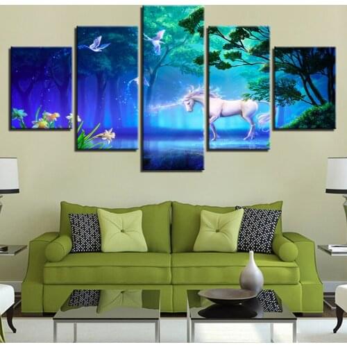 Modern canvas HD print poster frame 5 pieces white horse animal painting dream forest unicorn picture home decoration