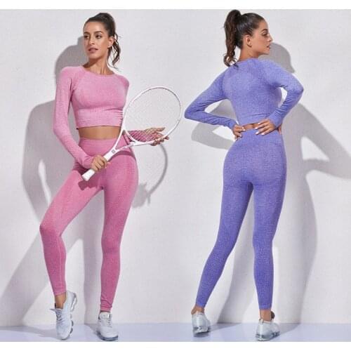 2 Piece Sports Fitness Set Seamless Tight Yoga Gym Clothing Suit Women High Waist Leggings Long-sleeved Top with Thumb Holes