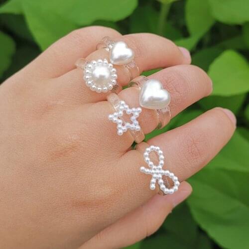 VG 6YM Acrylic Temperament Pearl Ring Trendy Simple And Versatile Heart-Shaped Butterfly Round Accessories Dating daily