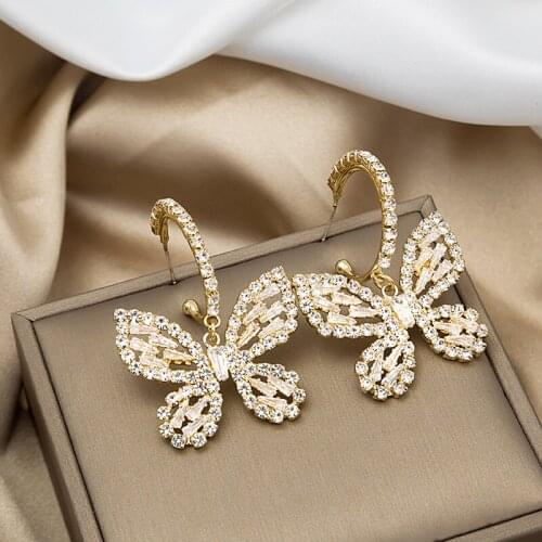 VSnow Korean Fashion Bling Bling Rhinestone Oversized Butterfly Dangle Earrings for Women Fairy Hollow Out Earrings Jewellery