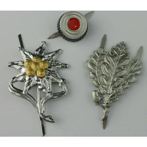 WWII WW2 German Combat Military Cap Insignia Oak Leaf Edelweiss Sniper Badge PIN Of 3 Military War Reenactments