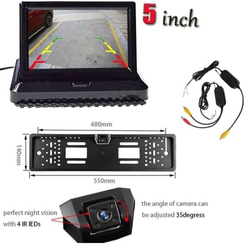 YYZSDYJQ 5" Foldable TFT LCD Mirror Monitor 2.4Ghz Wireless Car Reverse Back Up 4 IR NightVision License Plate Frame Camera Kit