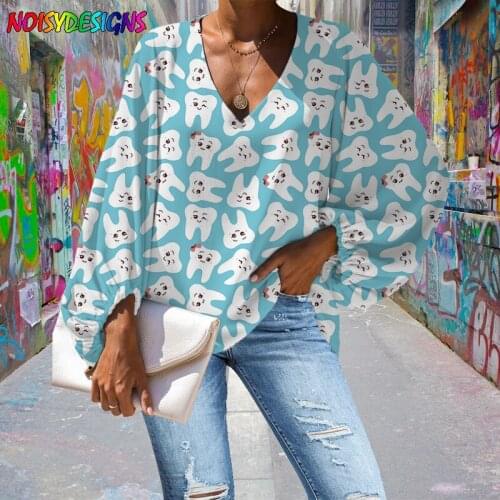 NOISYDESIGNS Cute Cartoon Tooth Pattern V Neck Blouse Shirt Women 2021 New Autumn Long Sleeve Loose Tops Female Casual Pullover