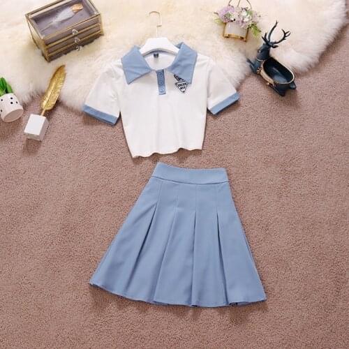 Japanese Pleated Skirt Suit 2021 Summer New College Style Color Contrast Blouse High Waist Short Skirt Two-piece Female 9148