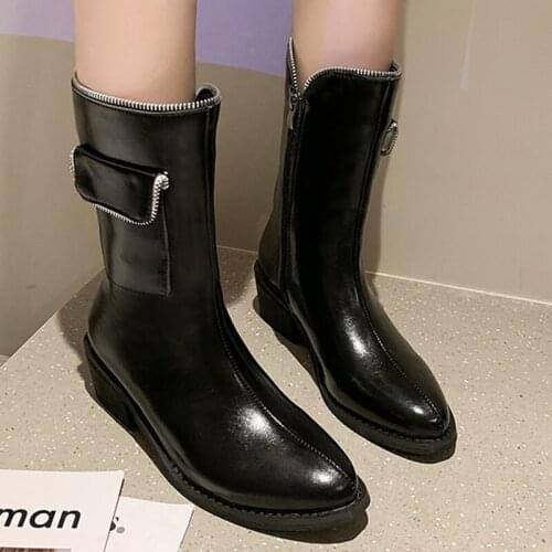 New 2021 Autumn Winter Fashion Women Modern Boots Ladies Pointed Toe Square Heels Shoes Female Spring Mid Calf Chelsea Boots