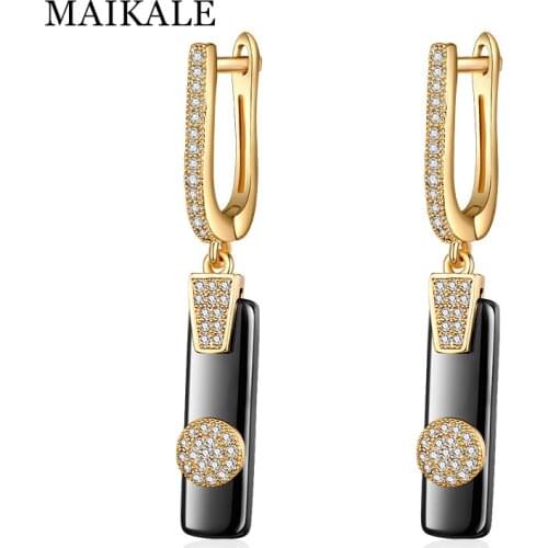 MAIKALE Trendy Zircon Ceramic Drop Earrings for Women Cubic Zirconia Gold Alloy Strip Charm Earings New Fashion Jewelry