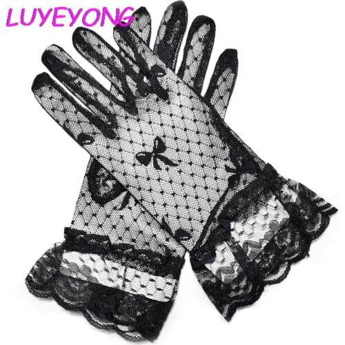 Lady Flare Wrist Length Bow Goth Cool Party Gloves Full Finger Lace Patchwork Accessory Black Transparent Women Mesh Glove 2021
