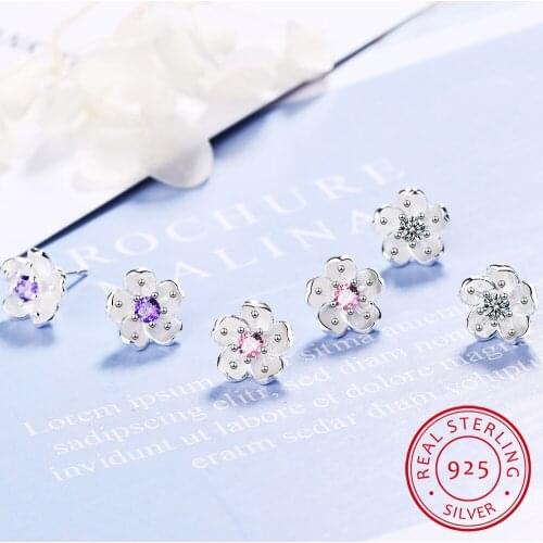 925 Sterling Silver Pink/Purple/White Zirconia Cherry Blossoms Flower Stud Earring For Women Fine Jewelry pendientes