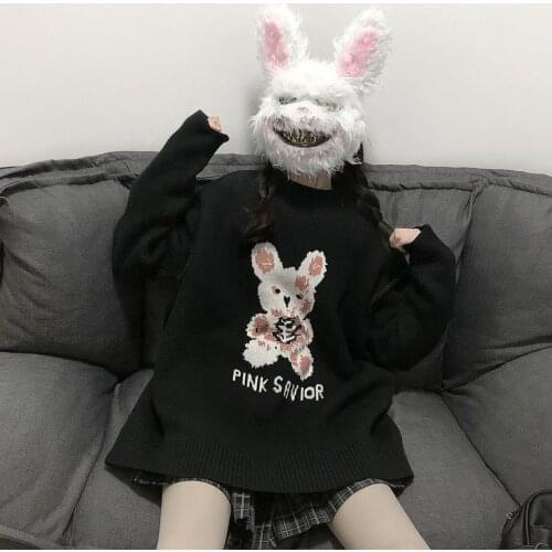Gothic Punk Rabbit Knitted Sweater Casual Loose Plus Size Fashion Harajuku Unisex Top 2021 Winter Cute Oversized Female Sweater