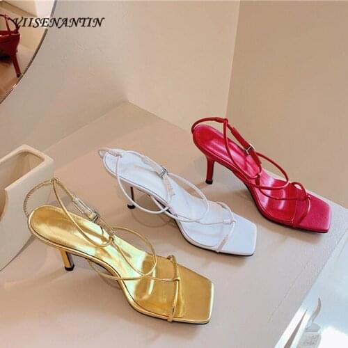 Golden Strap Roman Sandals Womens French Sexy Fairy Style Open Toe Stiletto Sandals 2021 One Word Strap High Heels