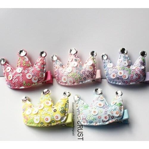 20pc/lot Synthetic Leather Kids Crown Squin Hairpin Shinning Hair Korean Girls Hair Barrettes Crystal Glitter Leather Felt Clips