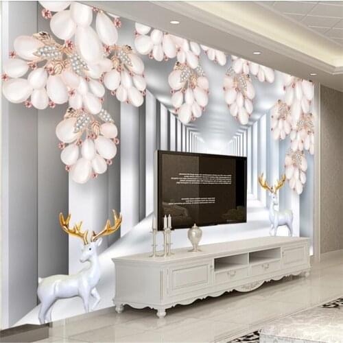 Wellyu 3D space jewelry flower deer background wall custom large mural green wallpaper papel de parede para quarto