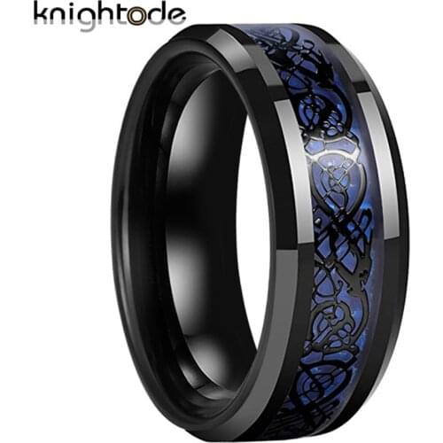 8mm Black Tungsten Carbide Ring For Men Women Black Dragon With Blue Carbon Fiber Inlay Polished Beveled Edges Comfort Fit