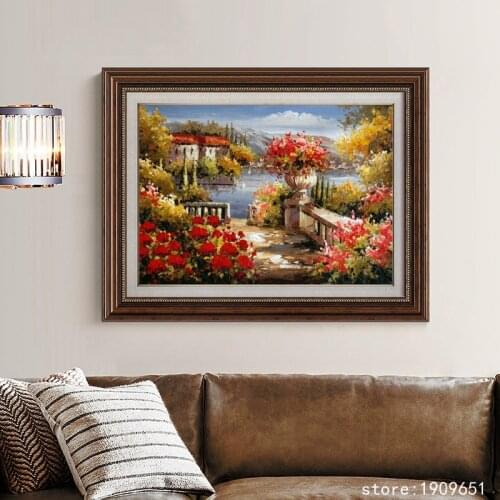 No frame Mediterranean Sea red flowers seascape canvas printings oil painting printed on cotton wall art decoration picture