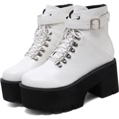 Ankle Boots Punk Style Black Waterproof platform shoes white boots Cross-tied Autumn Winter Boots Thick bottom LJB185