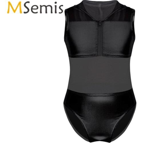 Kids Girls Gymnastic Swimsuit Shiny Metallic Swimsuit Ballet Bodysuit Dance Leotard Hoodie Patchwork Zipper Closure Jumpsuit