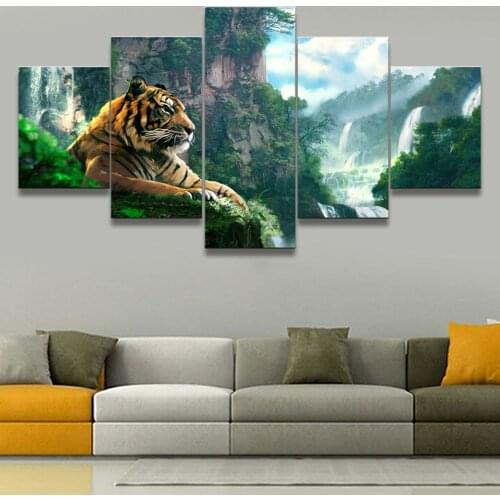 HD Print Canvas Wall Art Pictures Modern Living Room 5 Panel Tiger And Mountain Waterfall Home Decoration Posters Framework