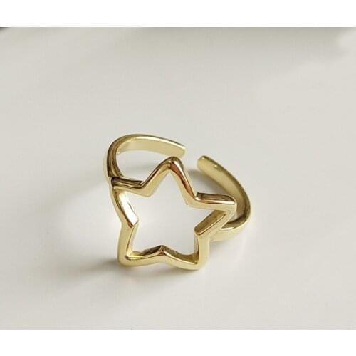 LEVEN FANCY | 18K Gold S925 Sterling Silver Gold Tone Abstract Hollow Cut Star Opening Ring Adjusted Valentine Ring 925 Jewelry