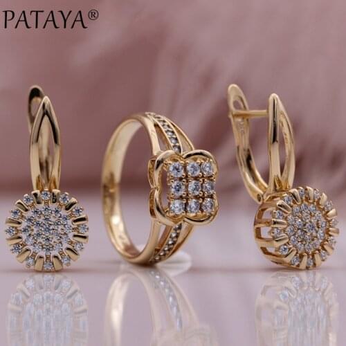 PATAYA New Women Party Wedding Vintage Bridal Fashion Jewelry Set 585 Rose Gold Natural Zircon Hollow Metal Earrings Ring Set