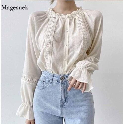 Korean Chic Caidigan Splicing Shirts Long Sleeve Lace Sweet Blouse Women Stand-up Collar Tops Blusas Mujer De Moda 2020 11776