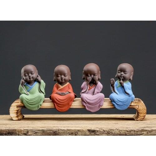 NEYLEND Creative Purple Clay Tea Pet Four Little Monk Ornament Ceramic Mini Zen Buddha Statue Tea Ceremony Home Decor Craft