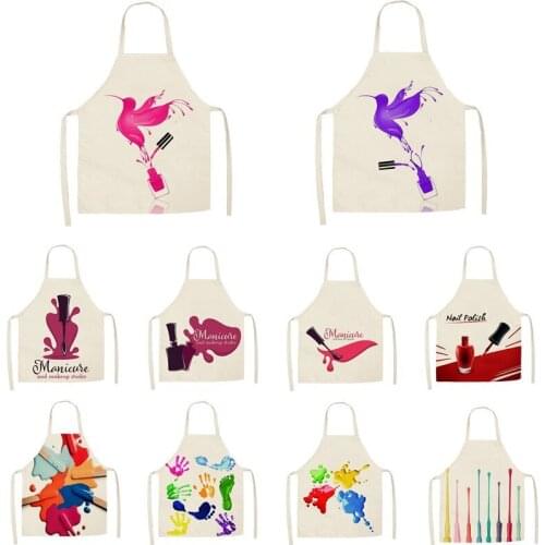 Linen colorful nail polish theme Print Kitchen Aprons Unisex Dinner Party Cooking Bib Funny Pinafore Cleaning Apron 55x68cm
