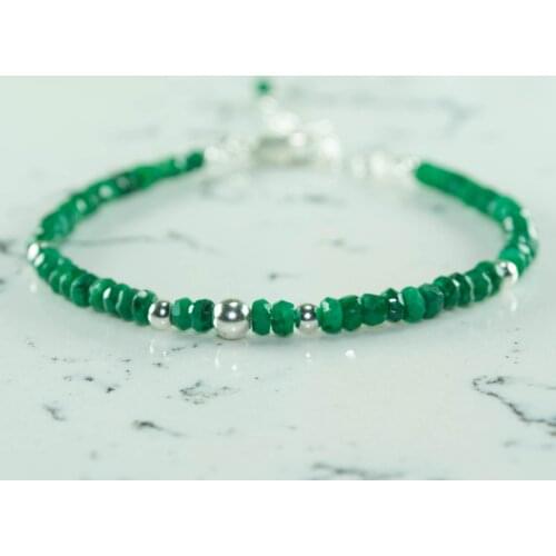 Tiny Emerald Bracelet with Silver Bead, 925 Sterling Silver Jewelry for Women, May Birthstone Bracelet, hand Made in TURKEY