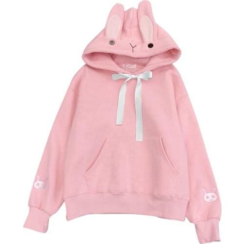 Kawaii Hoodies Sweatshirts Cute Women Rabbit Ears Top Hoodie Long Sleeve Blouse Solid Casual Loose Sweatshirt Con Capucha Moleto