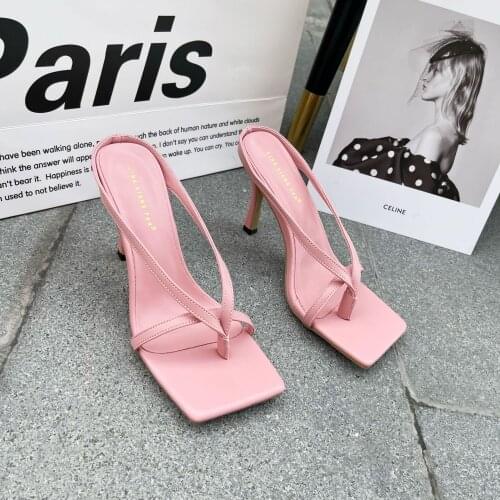 Fashion Womens Flip Flops Summer Candy Color Thin Strap Mid-heel Sandals Catwalk Style Square Toe Clip Toe Open Toe High Heels
