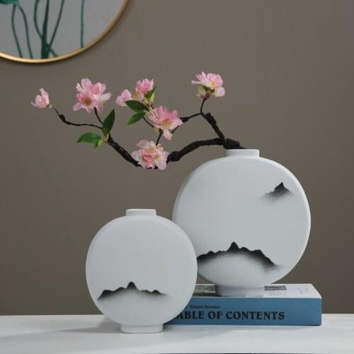 New Chinese Water Ink Mountain Water Vase Ornaments Living Room Porch TV Cabinet Dining Table Inserts Flat Ceramic Ornaments