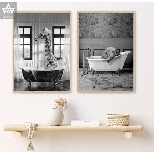 Animal in Bathtub Poster Print Giraffe And Elephant Bath Canvas Painting Nursery Wall Art Nordic Pictures Kid Room Home Decor