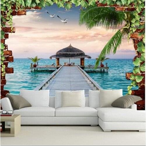 The latest 3D murals,3D three-dimensional sea view in the wall wallpapers,living room sofa TV wall bedroom wallpaper
