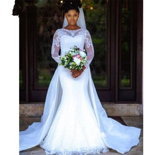 Plus Size 2 Pieces African Long Sleeve Lace Mermaid Wedding Dress Pure Detachable Skirt Train Bridal Gowns Robe De Mariee