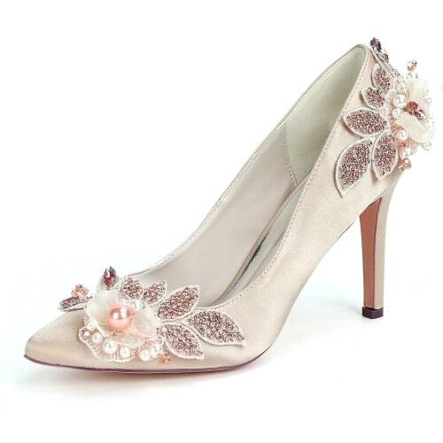 Sweet Bridal Wedding Heels Pointed Toe Slip on with Lace Flower Pearl White Ivory Champagne Satin Dress Pumps Rhinestones leaf