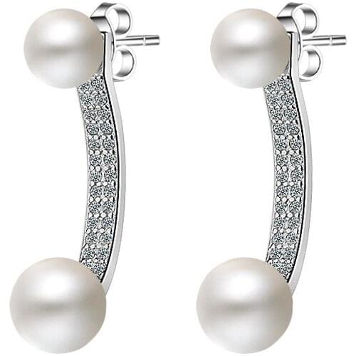 Hight Quality Jewelry 2017 New Fashion Shiny Zircon Double Pearl Design 925 Sterling Silver Stud Earrings for Women Gift Hot