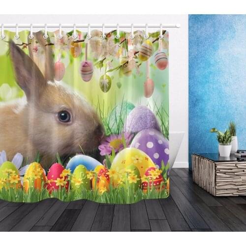 Eggs Rabbit Polyester Shower Curtain Easter Bathroom Floral Waterproof Washable Fabric Grass Bath Curtains Home Decor 12 Hooks