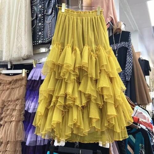 Cake Skirts Womens 2021 Summer New Yellow Long Mesh Skirt Girls Ladies All-Match Puffy Jupe Nancylim Female Clothing