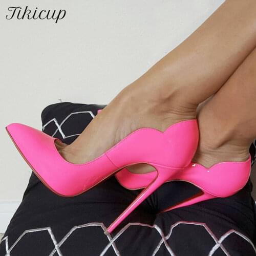 Tikicup Glossy Pink Women Patent Extremely High Heel Shoes Pointy Toe Curl Cut Ladies Designer Stiletto Pumps Plus Size 33-45