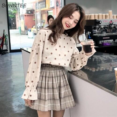 Shirts Women 2020 New All-match School Students Sweet Polka Dot Womens Shirt Korean Style Lantern Sleeve Leisure Lovely Girl
