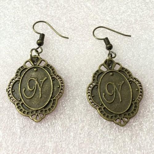 Antique vintage bronze Greek letter N alphabet earrings for women metal alloy drop dangle earring jewelry fashion ear jewellery